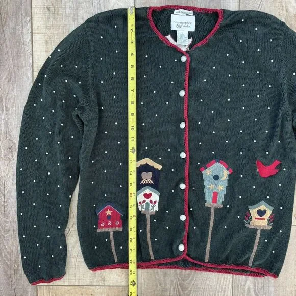 Vintage Womens Winter Sweater Size M Christmas Green 90s Beaded Hand Embroidered - Picture 11 of 13
